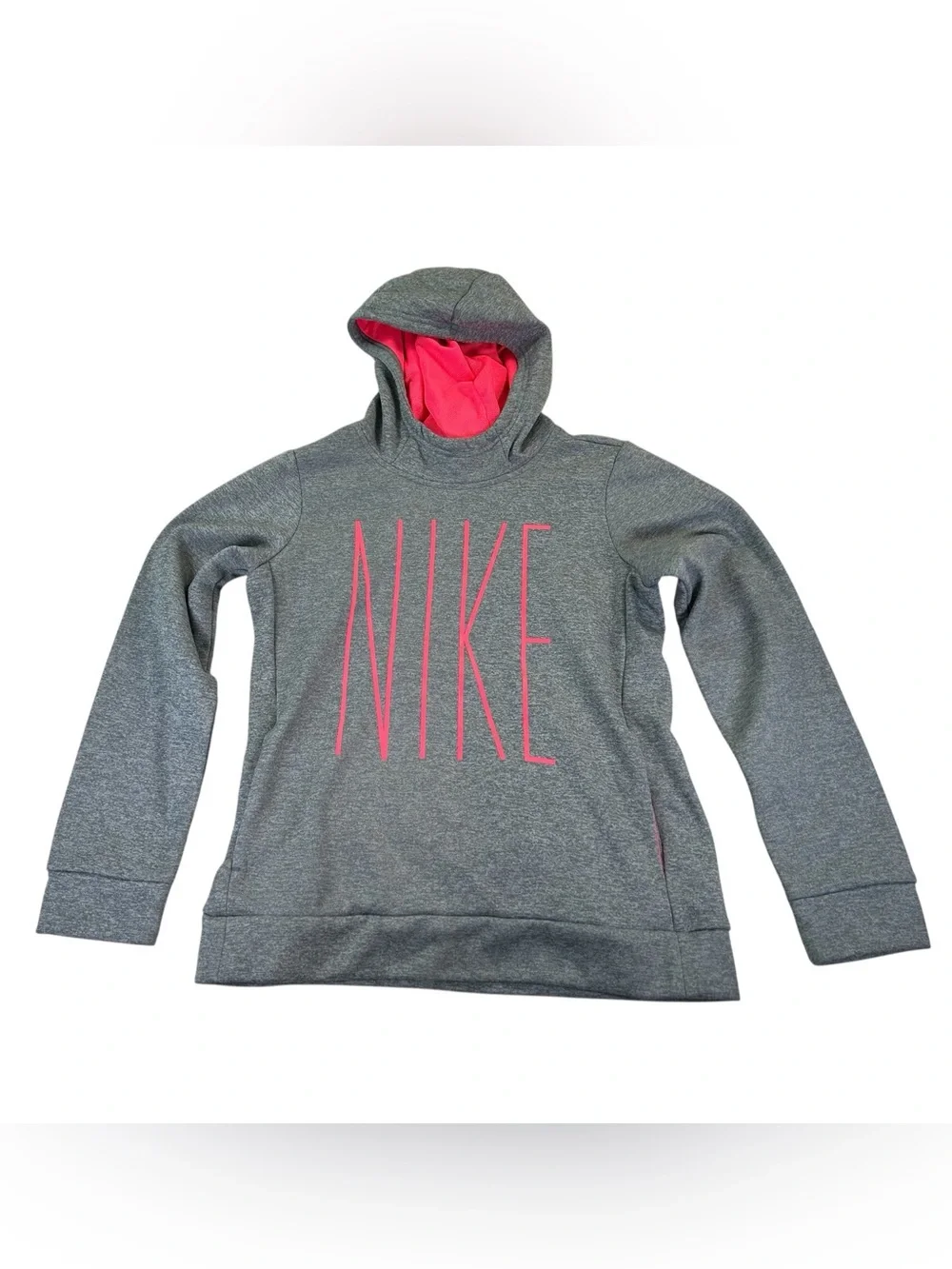 Nike Girls XL Dri-FIT Fleece Hoodie Gray Pink Pullover Athletic Sweatshirt
